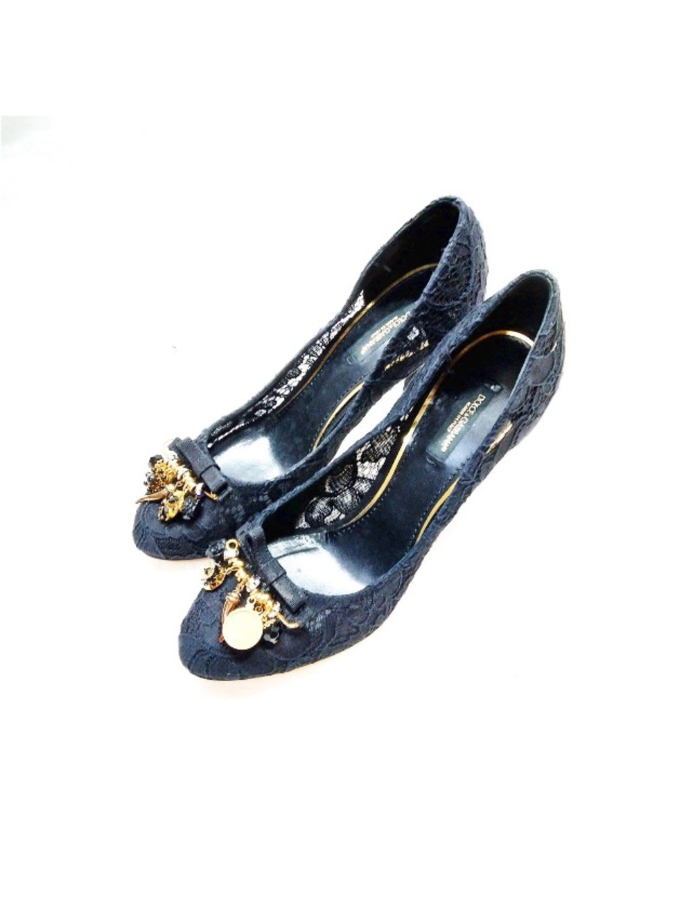 Dolce & Gabbana Bellucci Black Taormina Lace Pumps with Gold Charm Accents